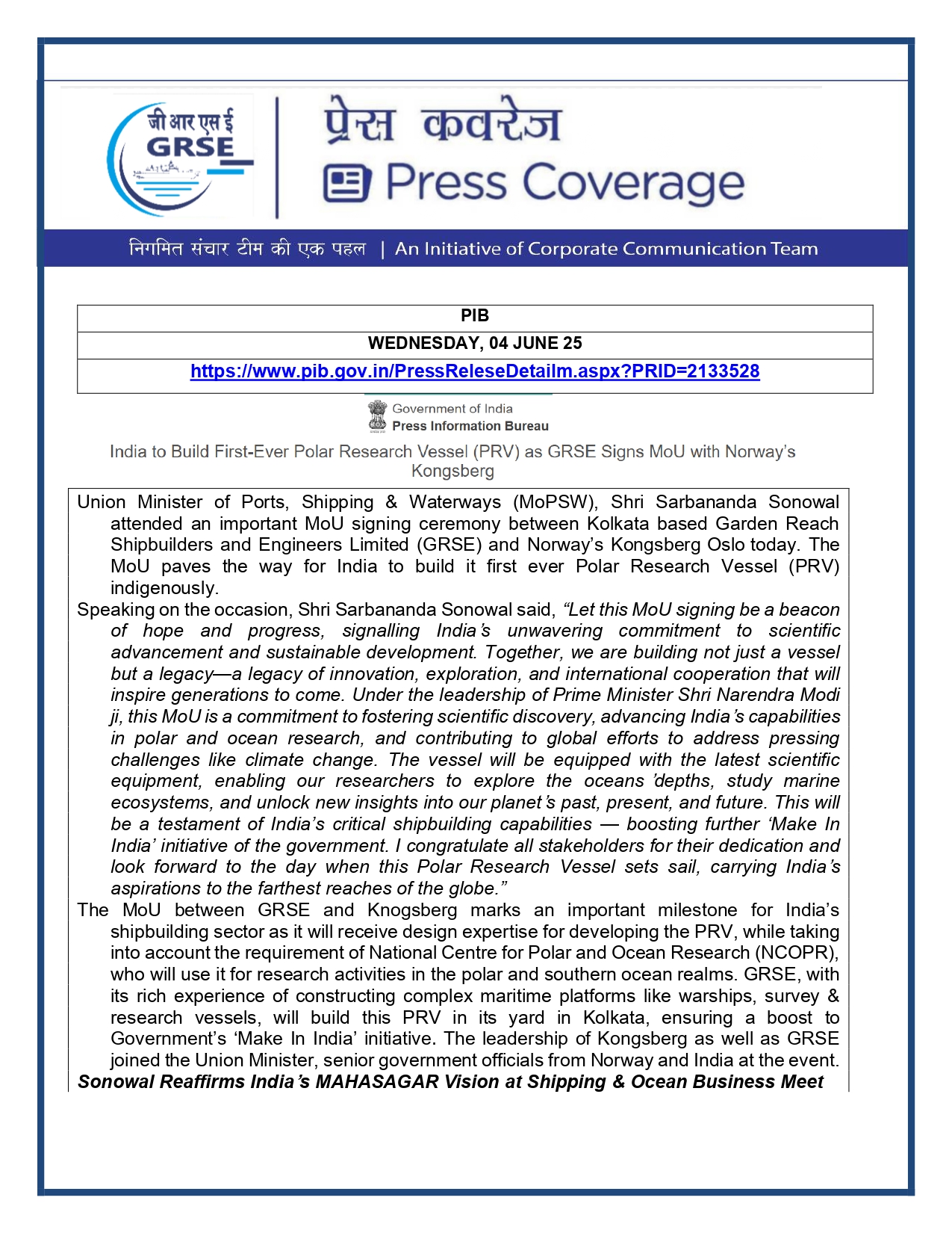 Press Coverage : CMD,GRSE conferred on CMA's Management Excellence Award 2025  